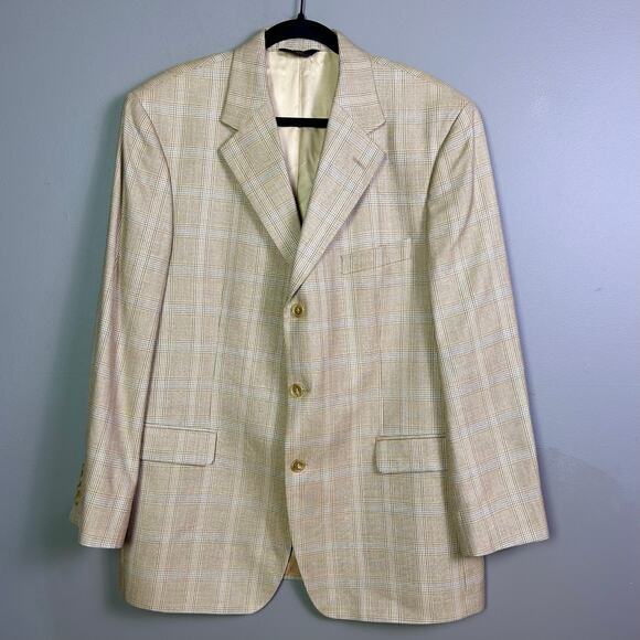 Brooks‎ Brothers sport coat 44 R plaid neutral wool silk tan (FLAW)